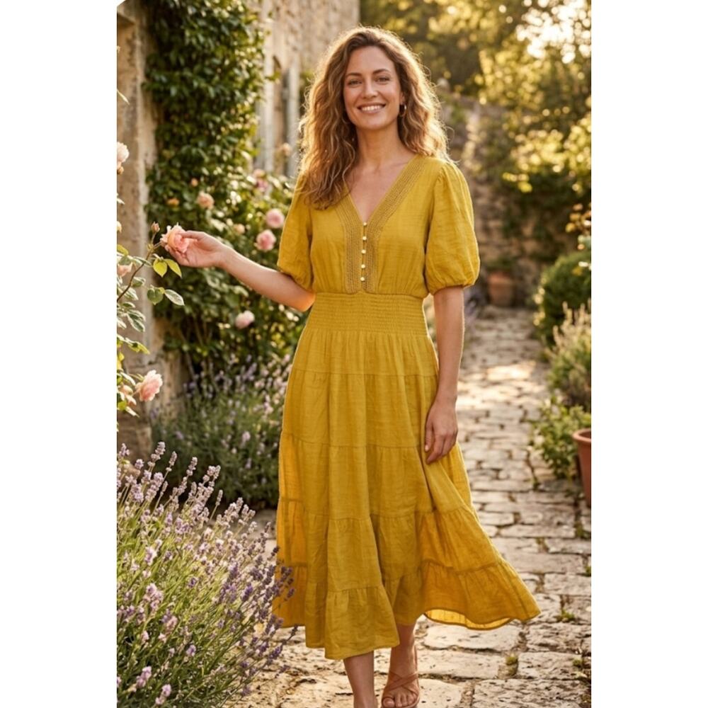 5592A)Kings Road XL Chartreuse Boho Peasant Tiered Balloon Sleeve Smocked Dress